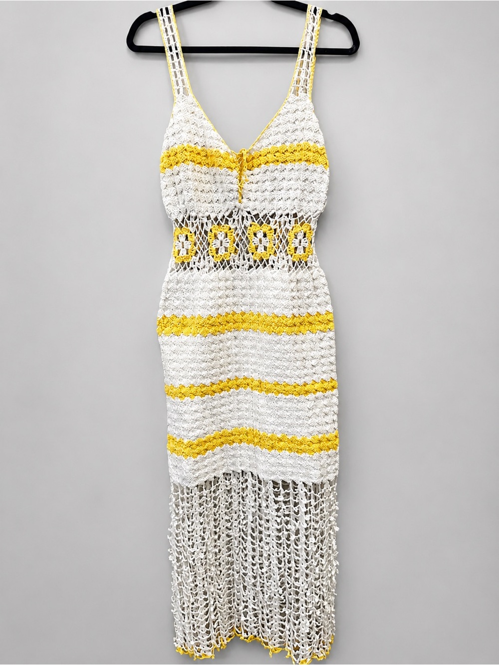 Crochet Maxi Dress with Yellow Stripe Detail